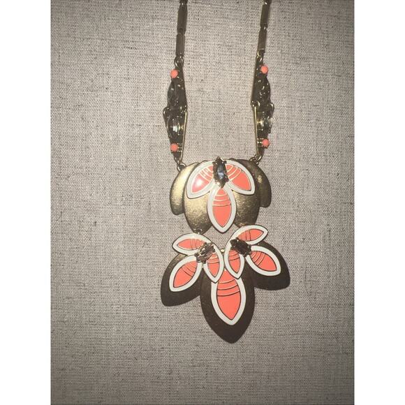 STELLA & DOT Hibiscus Orange Enamel Rhinestone Crystal Long Statement Necklace - Picture 1 of 8